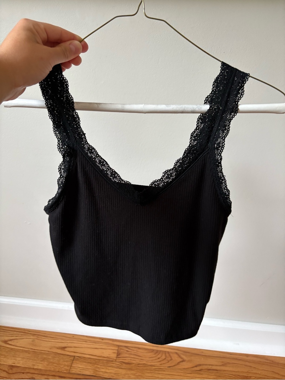 American Eagle Outfitters Black Lace-Trim Ribbed Tank